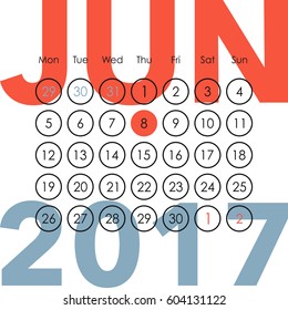 Calendar for 2017. June. A week starts on Monday. Vector template