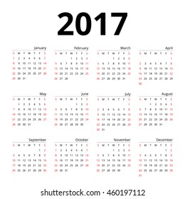 calendar 2017 layout template design simple vector on white background. week start from sunday.