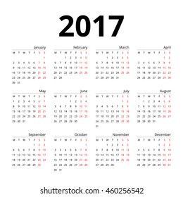 Calendar 2017 layout template design simple vector on white background. Week start from Monday.