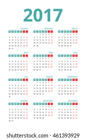 Calendar 2017 layout template design simple vector on white background. Week start from Monday.