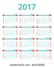 Calendar 2017 layout template design simple vector on white background. Week start from Sunday.