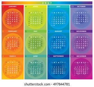 Calendar 2017 with Mandalas Rainbow Colors 4 Trimester Columns