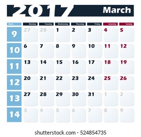 Calendar 2017 March vector design template. Week starts with Monday. European version