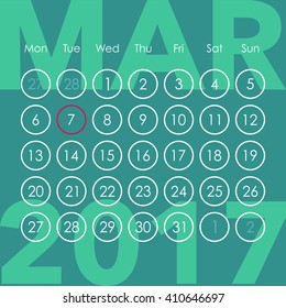 Calendar for 2017. March. Week starts from Monday. Vector template