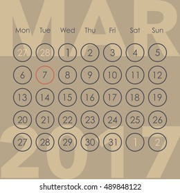 Calendar for 2017. March. Week starts from Monday. Vector template