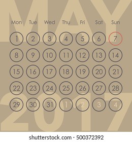 Calendar for 2017. May. Week starts from Monday. Vector template