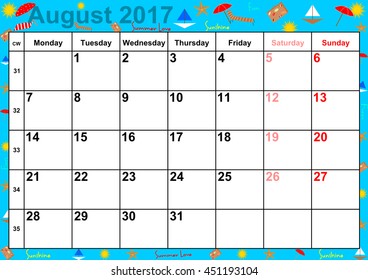 Calendar 2017 months August with holidays for the US on colorful background with summery motifs