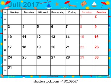 Calendar 2017 months July with holidays for Germany on colorful background with summery motifs