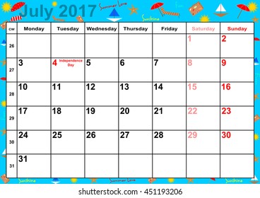 Calendar 2017 months July with holidays for the US on colorful background with summery motifs