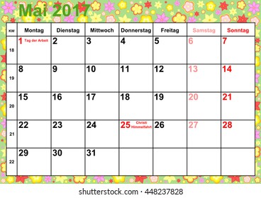 Calendar 2017 months May with holidays for Germany on colorful background with different flowers