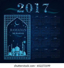Calendar 2017. Mosque background. Islam. Arabic. Indian. Turkish. Vector illustration. Muslim holy month Ramadan Kareem. greetings card, poster, banner. Falling Gems Abstract Background. Diamond.