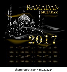 Calendar 2017. Mosque background. Islam. Arabic. Indian. Turkish. Vector illustration. Muslim holy month Ramadan Kareem. greetings card, poster, banner. Falling Gems Abstract Background. Diamond.