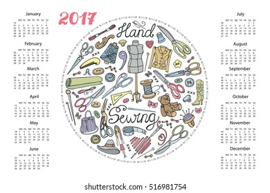 Calendar 2017 New year.Doodles Hand made sewing,needlework circle composition Colored hand drawing sketch.Vintage label.Vector hand made supplies, equipment.Retro Design template,holiday background.