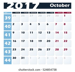 Calendar 2017 October vector design template. Week starts with Monday. European version