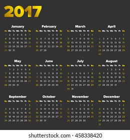 Calendar for 2017 on a black background