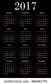 calendar for 2017 on black background vertical