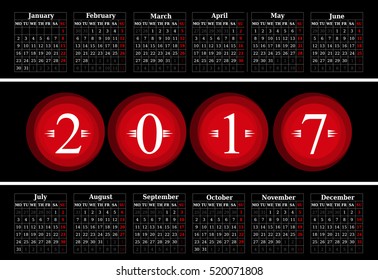 Calendar for 2017 on black background. Vector EPS10.
