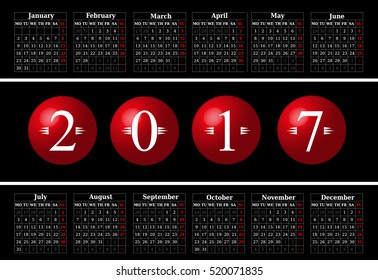 Calendar for 2017 on black background. Vector EPS10.