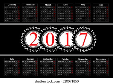 Calendar for 2017 on black background. Vector EPS10.