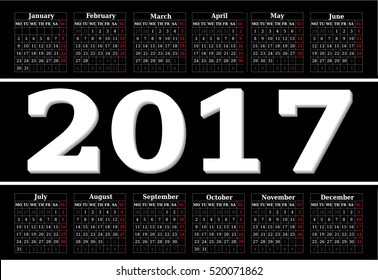 Calendar for 2017 on black background. Vector EPS10.