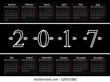 Calendar for 2017 on black background. Vector EPS10.