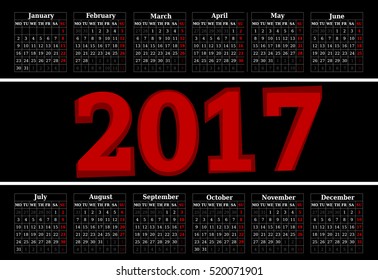 Calendar for 2017 on black background. Vector EPS10.