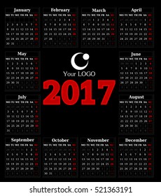 Calendar for 2017 on black background. Vector EPS10.