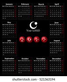 Calendar for 2017 on black background. Vector EPS10.