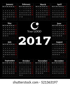 Calendar for 2017 on black background. Vector EPS10.