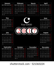 Calendar for 2017 on black background. Vector EPS10.