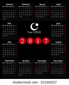 Calendar for 2017 on black background. Vector EPS10.
