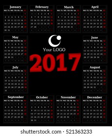 Calendar for 2017 on black background. Vector EPS10.
