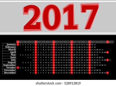 Calendar for 2017 on black background. Vector EPS10.
