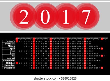 Calendar for 2017 on black background. Vector EPS10.