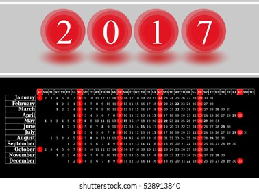 Calendar for 2017 on black background. Vector EPS10.