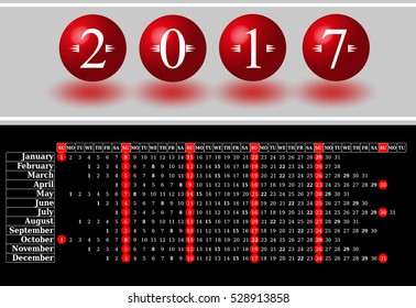 Calendar for 2017 on black background. Vector EPS10.