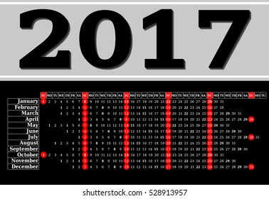 Calendar for 2017 on black background. Vector EPS10.