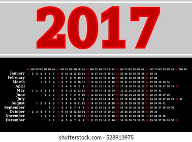 Calendar for 2017 on black background. Vector EPS10.
