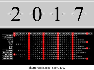 Calendar for 2017 on black background. Vector EPS10.