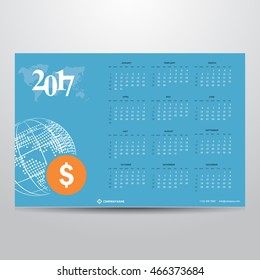 Calendar for 2017 on Blue background. World Globe with dollar Technology Banner with world map transparent background. Week Starts Sunday. Vector Design Print Template