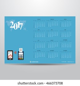 Calendar for 2017 on Blue background. Mobile payment Technology Banner with world map transparent background. Week Starts Sunday. Vector Design Print Template