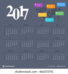 Calendar for 2017 on Blue background. Social Technology Banner with world map transparent background. Week Starts Sunday. Vector Design Print Template