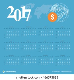 Calendar for 2017 on blue background. dollar with world globe Technology Banner with world map transparent background. Week Starts Sunday. Vector Design Print Template