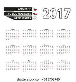 Calendar 2017 on Czech language. With Public Holidays for Czech Republic in year 2017. Week starts from Monday. Simple Calendar. Vector Illustration.