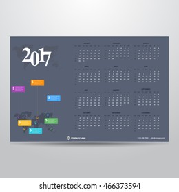 Calendar for 2017 on Dark background. social network Technology Banner with world map transparent background. Week Starts Sunday. Vector Design Print Template