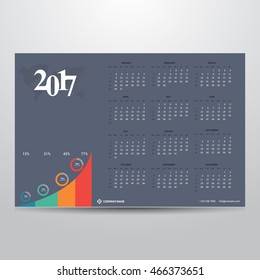 Calendar for 2017 on Dark background. Business Analytics info chart Technology Banner with world map transparent background. Week Starts Sunday. Vector Design Print Template