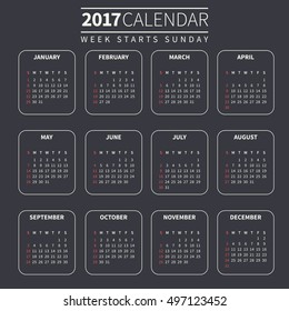 Calendar for 2017 on Dark Background. Week Starts Sunday. Simple Vector Template. For web and print design. Vector illustration. Vertical orientation. Monochrome color