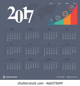 Calendar for 2017 on Dark Blue background. business progress chart Technology Banner with world map transparent background. Week Starts Sunday. Vector Design Print Template