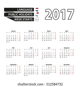 Calendar 2017 on Dutch language. With Public Holidays for Netherlands in year 2017. Week starts from Monday. Simple Calendar. Vector Illustration.