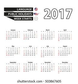 Calendar 2017 on English language. With Public Holidays for United States of America in year 2017. Week starts from Sunday. Simple Calendar. Vector Illustration.